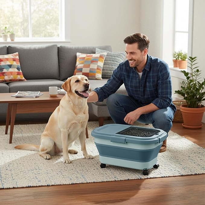 Summark 15 Lbs Dog/Cat Food Storage Container,Collapsible Food Storage Containers with Rolling Wheel Airtight Locking Lid,Pet Food Storage Container with Cup and Scoop,Blue