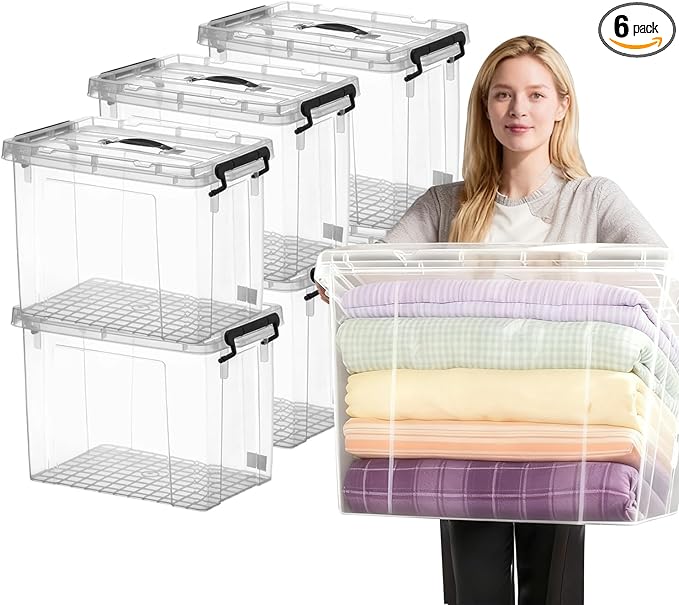 6 Pack Clear Storage Bins with Lids, 72 Qt-Stackable Plastic Organizer for Home, Office, Garage, BPA-Free, Heavy-Duty, See-Through Containers with Secure Latches & Handles