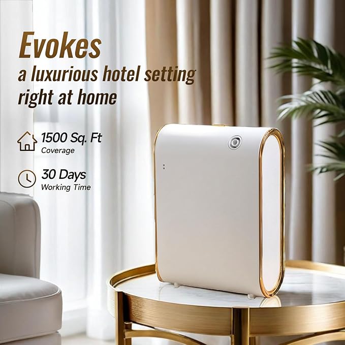 Waterless Essential Oil Diffuser for Home and Commercial Use, 350ml Capacity for 1500 sq ft, Smart Scent Diffuser for Large Room, Bluetooth Hotel Collection Diffuser with App Control, White and Gold