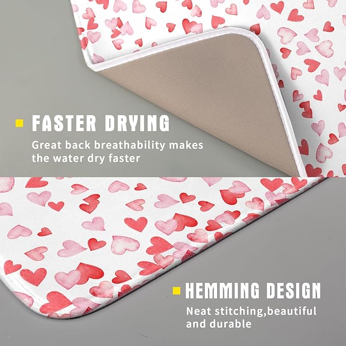 Valentine’s Day Dish Drying Mat for Kitchen Counter 18x16 Inch Watercolor Love Drying Mat with Absorbent Reversible Microfiber Pink Dish Drainer Mats Rack Pad for Coffee Countertop Protector