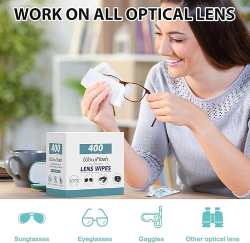 400 Count Lens Wipes for Eyeglasses, Eyeglass Lens Cleaning Wipes Pre-moistened Individually Wrapped Sracth-Free Streak-Free Eye Glasses Cleaner Wipes for Sunglass, Camera Lens, Goggles