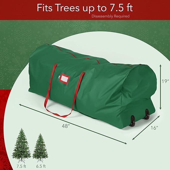 Holiday Cheer Christmas Tree Storage Bag with Wheels – Heavy Duty Christmas Tree Bag Fits Up to 7.5ft Tall Artificial Tree, Waterproof, Durable Handles & Zipper – Xmas Tree Storage Bag (Green)