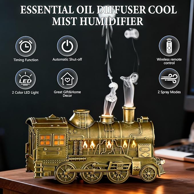 Train Diffuser 300ML Essential Oil Diffuser Cool Mist Humidifier Aroma Diffuser,2 Color Light 2 Mist Modes,3-in-1 Vintage Steam Train Diffuser Humidifier with Remote Control,Home Decor & Gift (Copper)