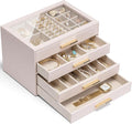 Vlando Jewelry Box for Women Girls,Jewelry Organzier,4 Drawers,Glass Lid Jewelry Display Storage for Gem Diamond Necklaces Rings Earrings Bracelets Apricot White