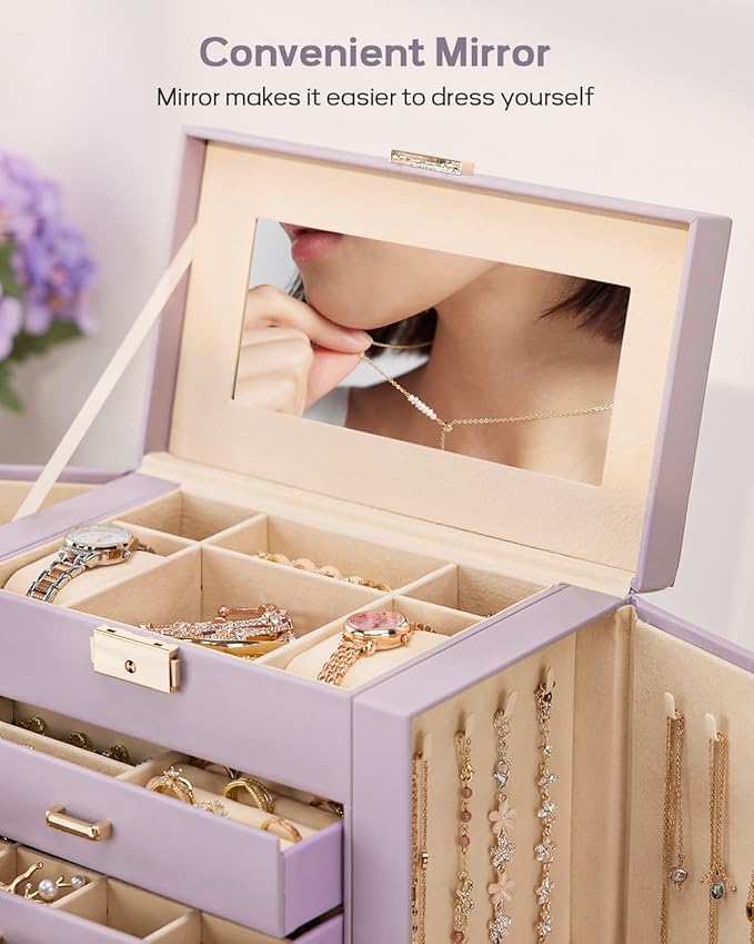 Homde Christmas Gifts Synthetic Leather Huge Jewelry Box Mirrored Watch Organizer Necklace Ring Earring Storage Lockable Gift Case (Grey Purple + Gold)