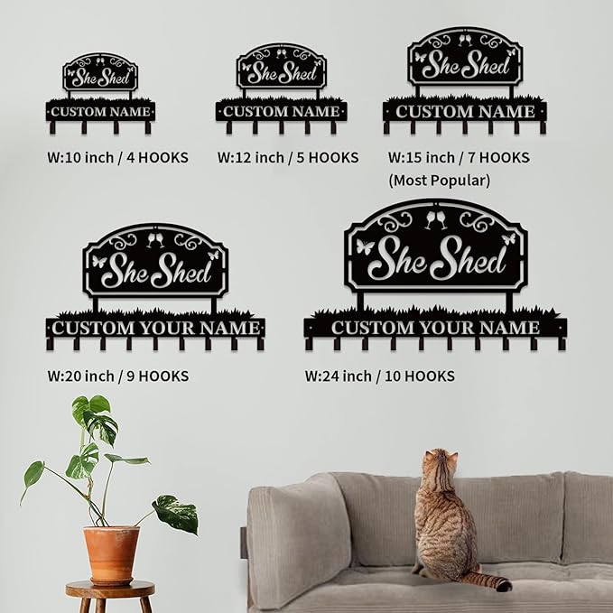 Personalized She Shed Metal Keys Hooks,Custom Name Metal She Shed Keys Hooks,Black Metal She Shed Wall Home Storage Decorative Keys Hooks,Key Holder Hooks for Wall (Style K)