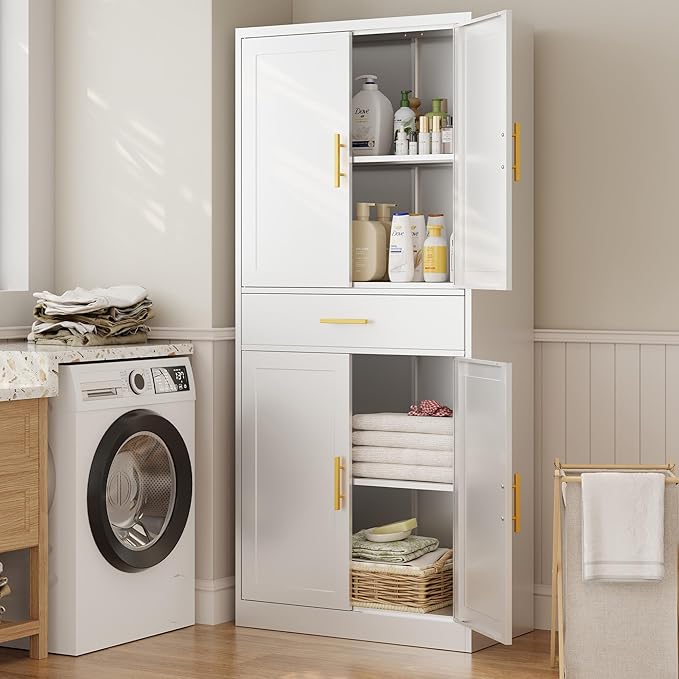 CJF White Kitchen Pantry Cabinet,71 Inch Tall Metal Storage Cabinet with Adjustable Shelves and 1 Drawer, Freestanding Pantry Cabinet for Kitchen, Living Room, Dining Room, Bathroom, Easy to Assemble
