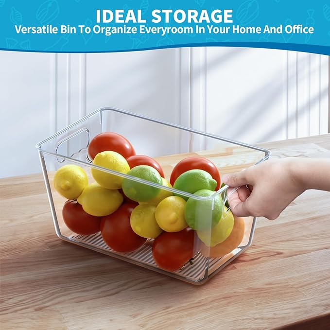 KJIXYUNG Clear Pantry Organizer Bins, Storage Containers & Plastic Containers with Handle, Cabinet Organizer, Home Organization Must Haves for Kitchen, Laundry Room, Office, Closet & Freezer (6 Pack)