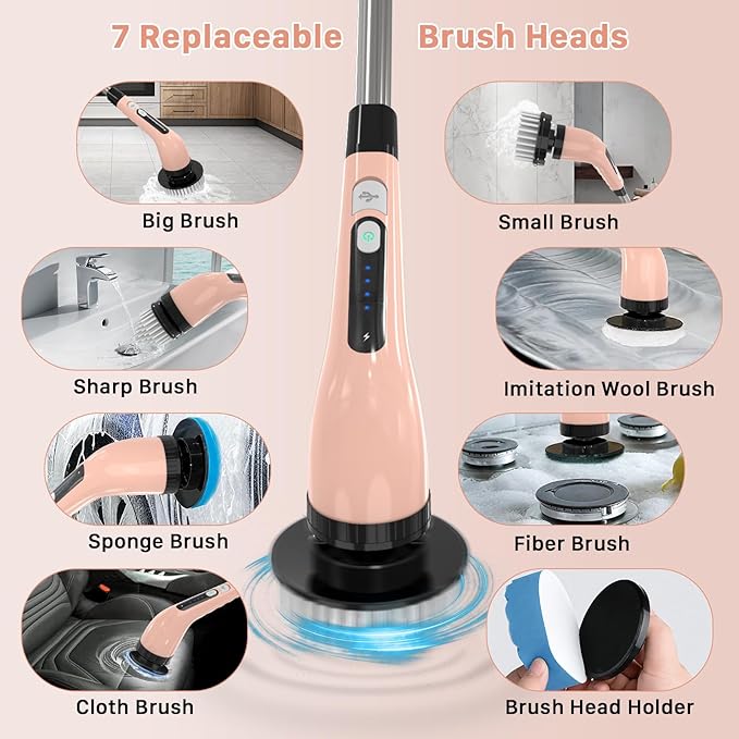 Electric Spin Scrubber, Cordless Cleaning Brush, Shower Scrubber with 7 Replaceable Brush, 2 Speeds and Adjustable Extension Handle for Bathroom Shower Bathtub Glass Car(Pink)