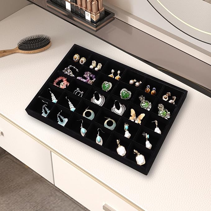 Wudygirl Jewelry Organizer Stackable Jewelry Tray Velvet Earring Holder Organizer 30 Grid Earring Storage with Lid Ring Holder Drawer Inserts Divider Storage for Women (Black)
