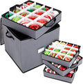 Pinkunn 64pcs 4in Christmas Ornament Storage Box with Dividers Tray Stores Holiday Ornament, Adjustable Dividers, Double Zipper, Label Slot, Two Handles Storage Container Box Keeps Xmas Decor(Grey)
