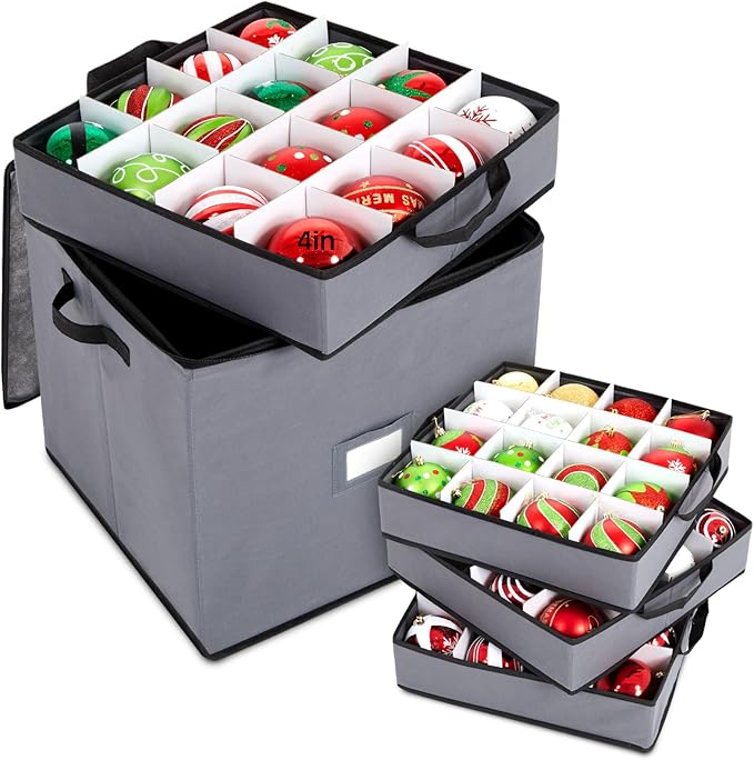 Pinkunn 64pcs 4in Christmas Ornament Storage Box with Dividers Tray Stores Holiday Ornament, Adjustable Dividers, Double Zipper, Label Slot, Two Handles Storage Container Box Keeps Xmas Decor(Grey)