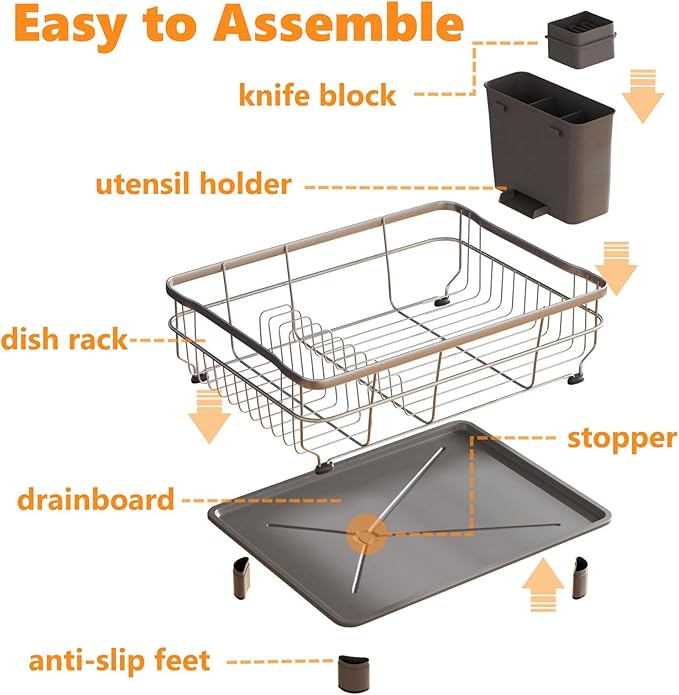 AIDERLY Stainless Steel Dish Drying Rack with Drainboard Dish Drainers for Kitchen Counter Extendable Spout Strainers with Utensil Holder and Knife Slots, Grey