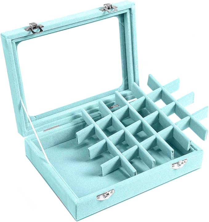 Velvet Jewelry Box 24 Grid Jewelry Earrings Display Organiser Box Ring Tray Holder Earrings Storage Case for Girls Women Wife Mom (Light blue)