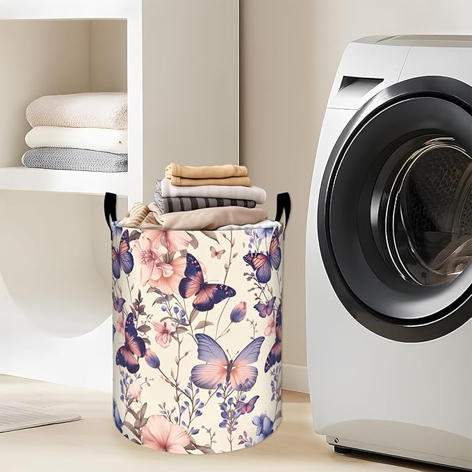 Elegant Butterfly and Pink Flowers Laundry Basket with Handles, 19.7"x15.7" Clothes Foldable Laundry Hamper Organizer for Dorm Nursery Bedroom Bathroom Decor, Toy Storage Bin for Kids