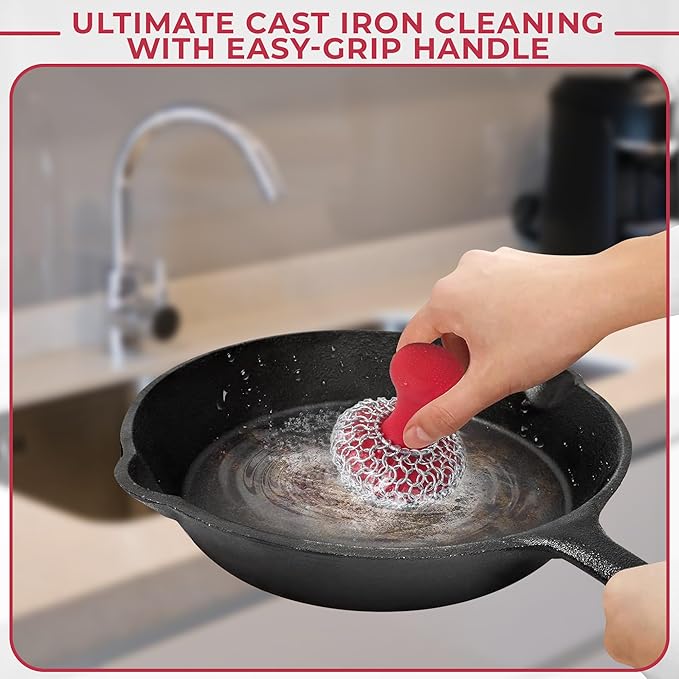 316L Chainmail Scrubber + Pan Scraper + Long Handles - 316 Cast Iron Cleaner - Skillet Cleaner - Chain Mail Scrubber for Cast Iron Pans