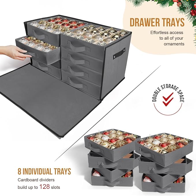 WDZREE Premium Large Christmas Ornament Storage,Box with Side Open, Drawer Style Trays - 3" Compartment, 8 Trays, Keeps 128 Holiday Ornaments -Made of Durable 600D Oxford Fabric Tear-Proof Material