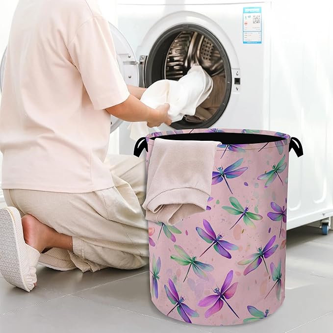 Colorful Dragonfly Laundry Basket,Foldable with Handles Tote Bag Oxford Cloth for Bathroom Bedroom Dirty Clothes Storage Bucket 16" x 20.8"