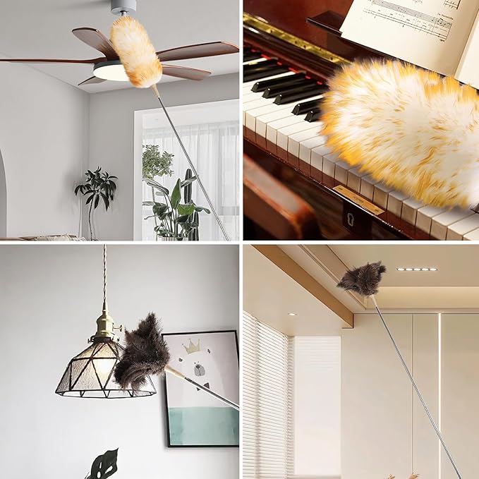 FeelfunFeather Extendable Cleaning Duster,Extra-Long Telescoping Feather Dusters with Stainless Steel Extension Pole Up to 100" for Cleaning High Ceiling Fan, High Ceilings,Furniture