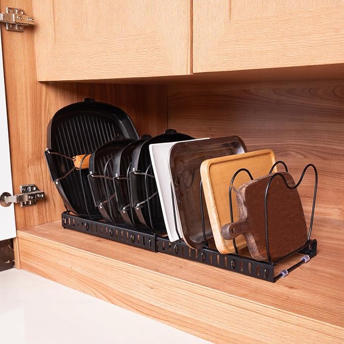 FrutPunch Pots and Pans Organizer,Rack for under Cabinet,Expandable Pot Lid Kitchen Cabinet Organizer Holder, with 10 Adjustable Partitions, Suitable for Kitchen Pan Organizers Inside Cabinet