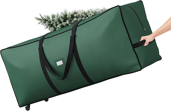 ELYKEN 7.5FT Christmas Tree Storage Bag with Wheels, Rolling Storage Bag for Artificial Christmas Tree and Decorations, Heavy Duty 600D Oxford Fabric, Length-Adjustable Handles, Dual Zippers, Green