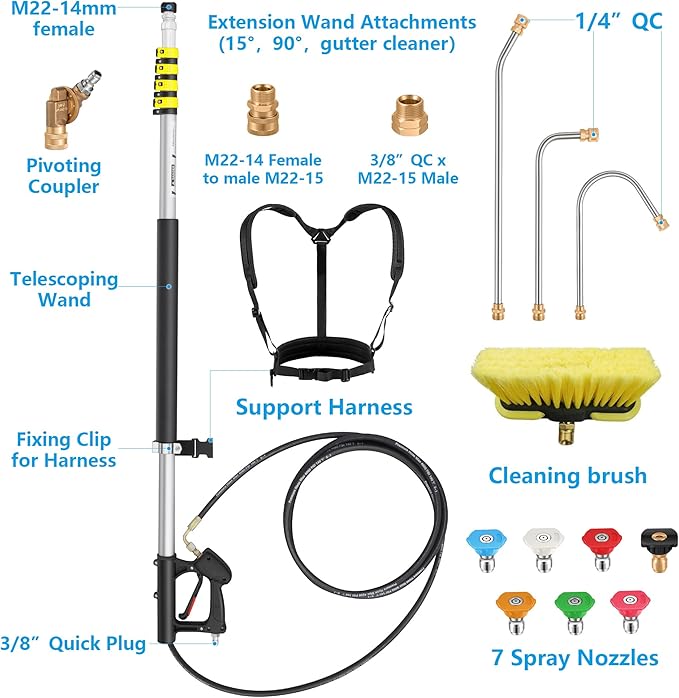 ExtraFein 24FT Telescoping Pressure Washer Extension Wand, Hot Water Supported Power Washer Extension Wand, Solar Panel Cleaner Pole with Brush Head, 7 Nozzle Tips, 3 Adapters & Harness