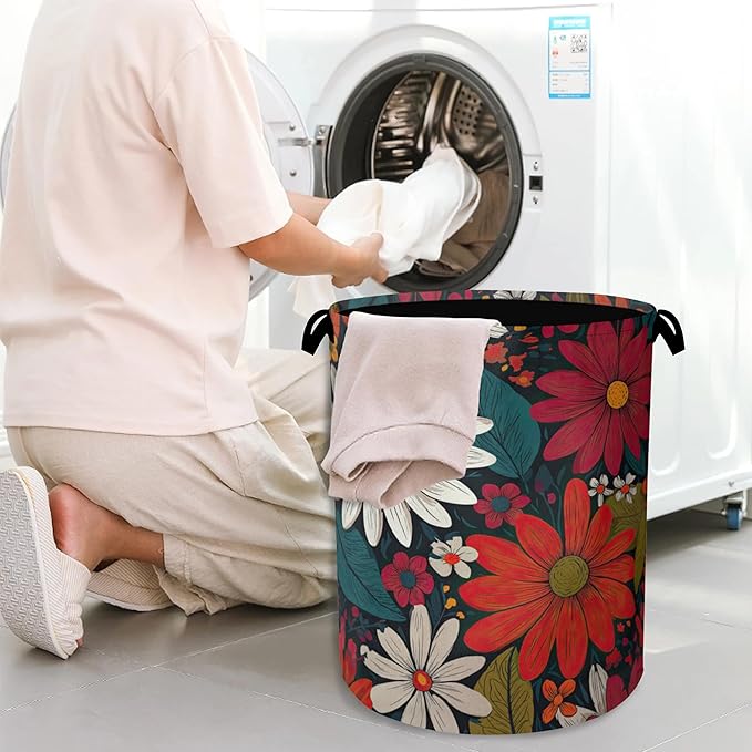 Retro Red Daisy Flowers Laundry Hamper,Dirty Clothes Laundry Basket with Handles Waterproof Oxford Cloth Storage Basket for College Dorms Bathroom Bedroom 16" x 20.8"