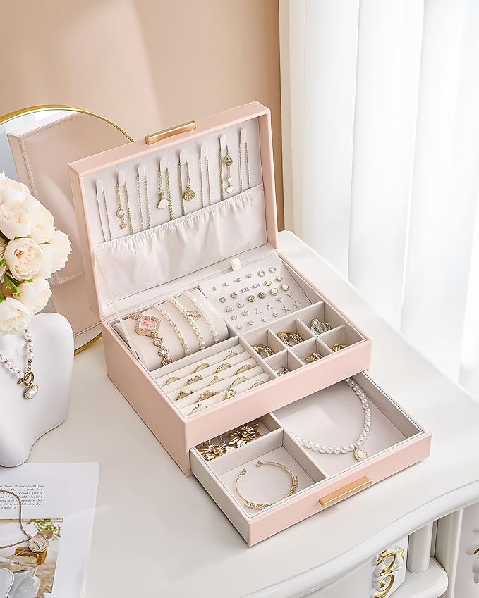 Lolalet 2-Layer Jewelry Boxes Organizer for Women Girls, Jewelry Storage Case Holder with Drawers for Necklaces Rings Earrings Bracelets Watches, Gifts Choice for Girlfriend Wife -Pink