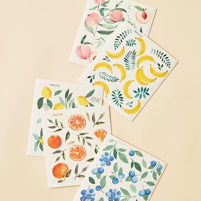 RECYCO Swedish Dishcloths for Kitchen | 5 Pack Washable Dish Rags | Cellulose Reusable Cleaning Paper Towels | Absorbent Counter Dish Cloth Sponge Kitchen Wipes, 8" L x 7" W