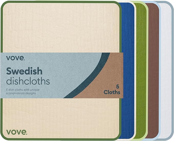 Vove Swedish Dishcloths 5-Pack, Essential Neutrals - FSC Certified Cellulose & Cotton, Oeko-TEX Standard 100, Reusable Washable Kitchen Cleaning Cloths, Eco Friendly Floral Design