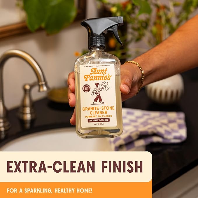 Aunt Fannie's Granite and Stone Cleaner, Plant Based Daily Countertop Spray for Granite, Marble, Soapstone, Quartz, Slate, Laminate, and other Sealed Stone, Bright Lemon Scent, Pack of 3