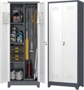 65" H Metal Garage Storage Cabinets with Doors and Shelves, Locking Cabinet, Broom Closet Storage Cabinets with Hanging Rod, Functional Tool Cabinet for Home, Garage, Kitchen