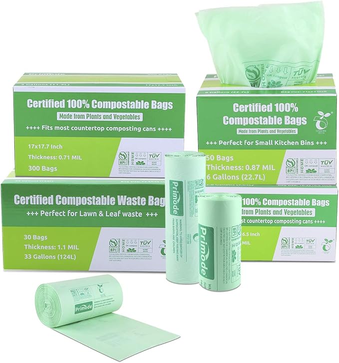 Compost Bags, Compostable Trash Bags 3 Gallon Compostable Bags 300 Count Small Compost Bags for Countertop bin Extra Thick 0.71 Mil. ASTM D6400 Certified By BPI and TÜV AUSTRIA (3 Gallon, 300 Units)
