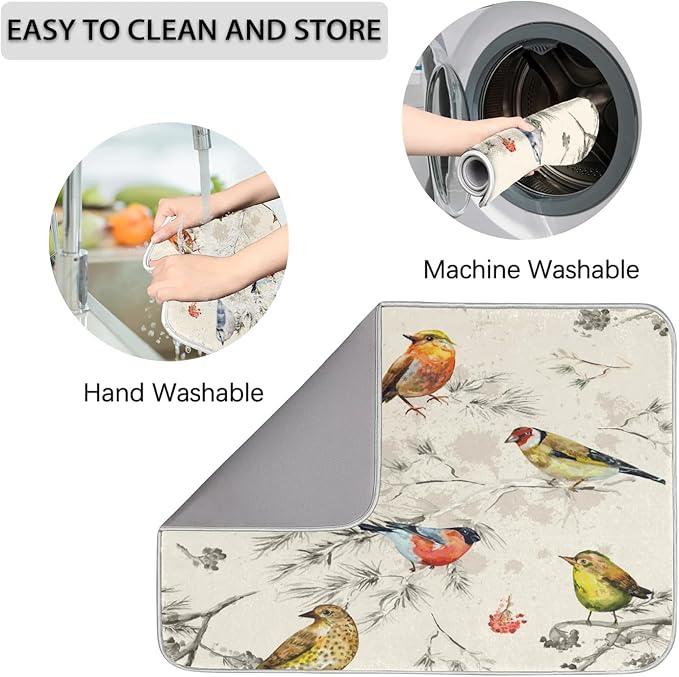 Hexteria Vintage Birds Dish Drying Mat for Kitchen Counter, Absorbent Reversible Microfiber Dish Drying Pad Kitchen Drying Mat for Home Decor, 16 x 18 inch