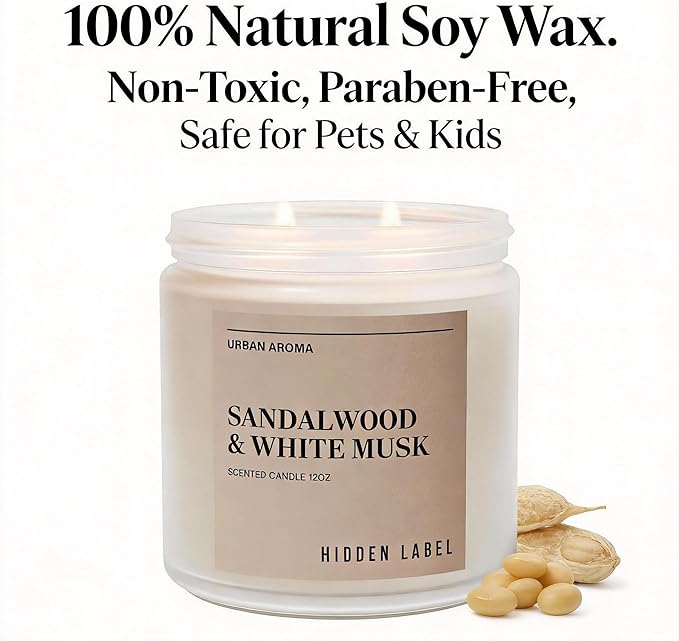 Sandalwood White Musk Scented Candle, 12oz Natural Soy Wax, 2 Wick Aromatherapy Candles for Home, 70Hours Burn Time, Non Toxic, Clean Burn, Gifts for Women, Yoga, Stress Relief, Relaxation
