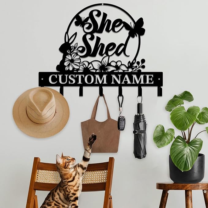 Personalized She Shed Metal Keys Hooks,Custom Name Metal She Shed Keys Hooks,Black Metal She Shed Wall Home Storage Decorative Keys Hooks,Key Holder Hooks for Wall (Style I)