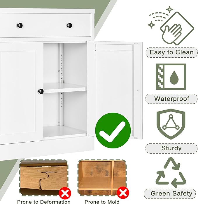 CJF Metal Pantry Cabinet, Coffee Bar Cabinet with Drawer & Adjustable Shelf, Sideboard Cabinets Kitchen Storage, Coffee Bar, Bathroom, Entryway, Home Office, Pantry-White