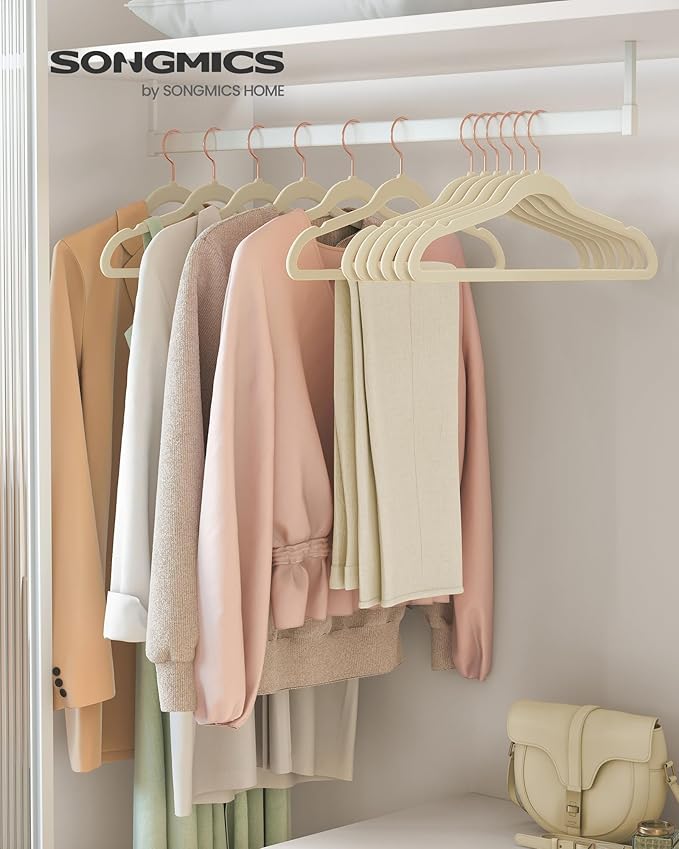 SONGMICS Slim Velvet Hangers, Non-Slip Clothes Hangers with Rose Gold Swivel Hooks, Space-Saving, for Closet, 50 Pack, Sandy Beig UCRF026K50