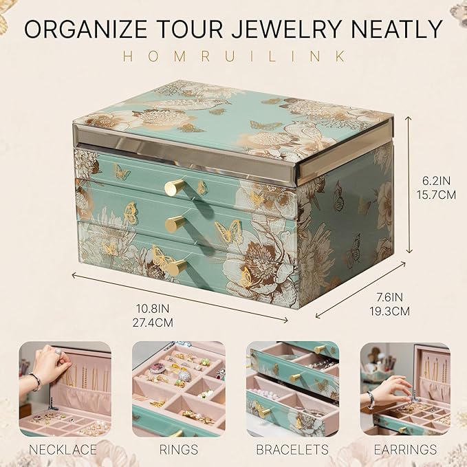 High End Glass Jewelry Box - 3 Layer Jewelry Organizer - Velvet-Lined Case For Ring, Necklace, Earring, Bracelet Storage - Green Floral and Bird - Valentine's Day Gifts For Women