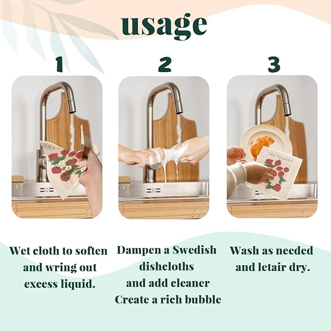 LARTSFRO Swedish Dishcloths for Kitchen, Pink Strawberries Peach Citrons Oranges Swedish DishCloths for Friut, 4 Pack Dish Towels for Kitchen, Papaya Reusable Paper Towels Washable