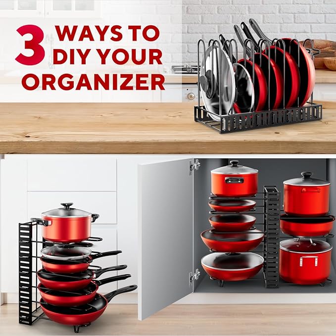 Pots and Pans Organizer Under Cabinet - 8-Tier Adjustable Pan Organizer Rack for Cabinet - Heavy-Duty Pot & Pan Organizer - Perfect to Store Pots, Pans, Lids - Easy Kitchen Organization and Storage
