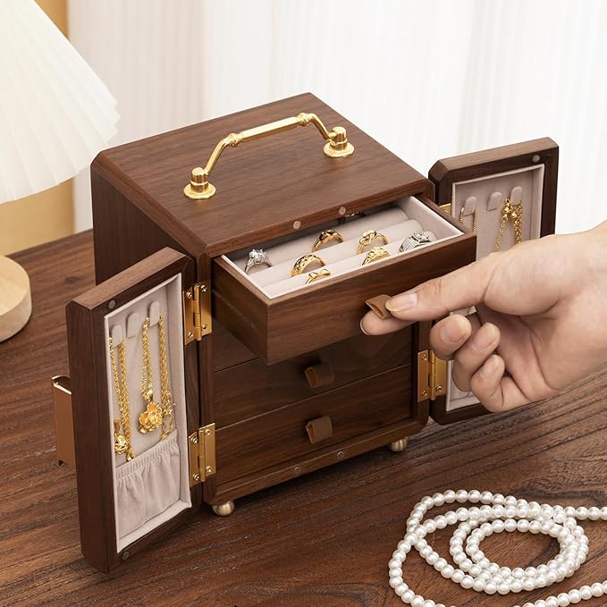 Black Walnut Jewelry Organizer, Wooden Jewelry Box with Gold Handle & Mirrored Flowers, 4 Layers of Storage | Perfect for Anniversaries, Birthdays, Weddings (Brown, 6.29"D x 5.9"W x 7.08"H)