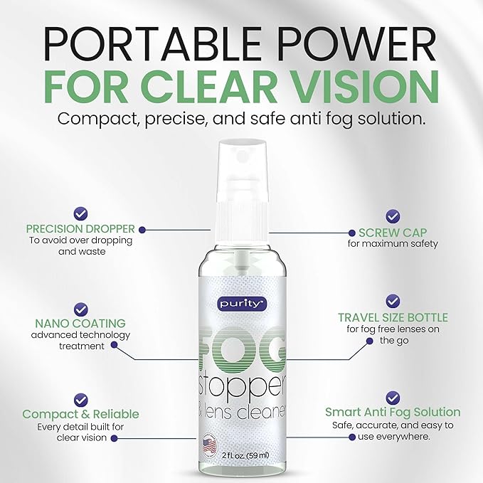 Purity Fog Stopper and Lens Cleaner Spray - Anti Fog Spray for Glasses & Non-AR Coated Lenses - Fog Blocker and Anti-Static Lens Cleaning Spray for Glasses, Eyewear, Goggles and Masks - 2oz