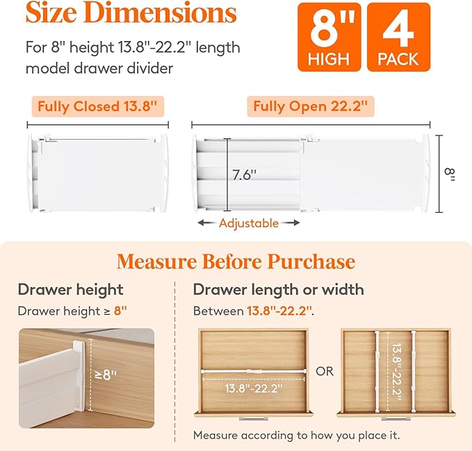 Lifewit 8" High 4 Pack Deep Drawer Dividers, 35 –55cm/13.8-22.5" Adjustable Dresser Drawer Divider, White Drawer Organizer for Clothes, Tall Drawer Separator for Dresser Kitchen Bedroom Cabinet Office
