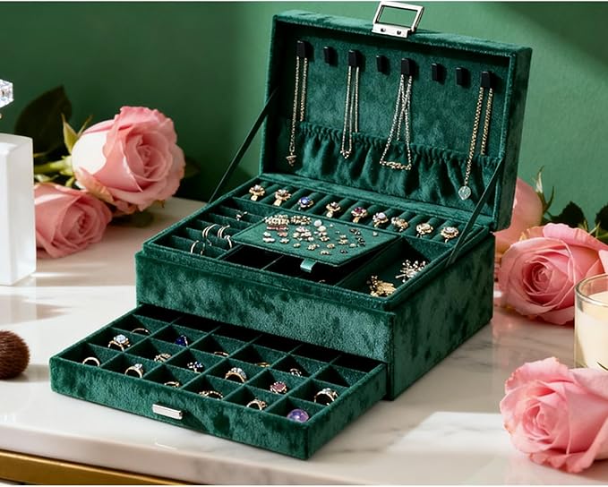 Jewelry Organizer Box for Women Girls, Jewelry Box 3-Tier Jewelry Display Case and Organizer,Lockable Jewelry Display Case Anti Tarnish,Varying Compartments for Necklaces, Bracelets, Rings