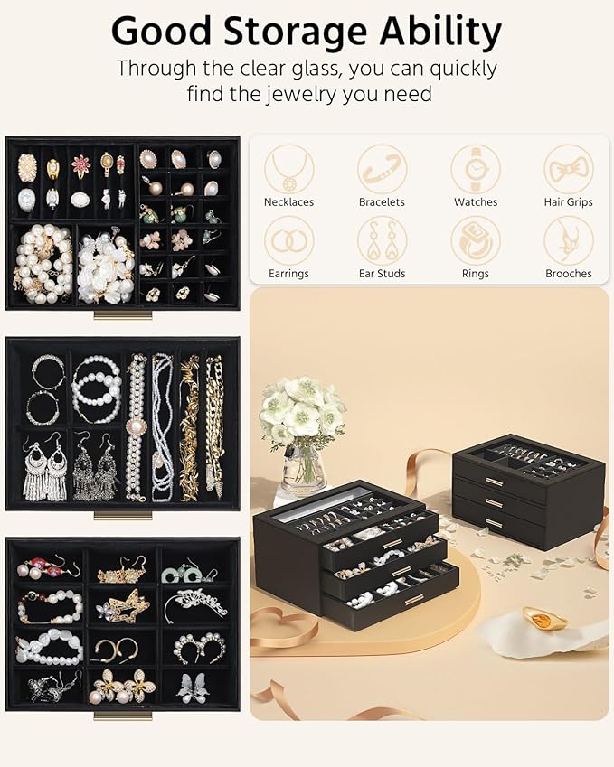 AKOZLIN Jewelry Box with Clear Lid Functional Leather Jewelry Storage Organizer Case 3 Drawers for Women Girls Necklace Ring Bracelet Earring