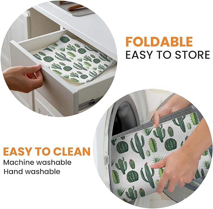 Dish Drying Mat For Kitchen Counter, Green Cute Cactus Microfiber Absorbent Dish Drainer Rack Pad Reusable Large 18x24in Drying Mat