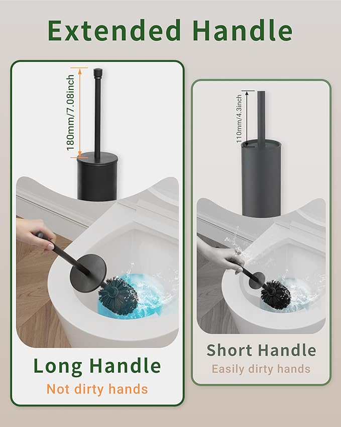 WZKALY Toilet Brush and Holder Set, Toilet Bowl Brush for Bathroom with Long Handle, Stainless Steel Toilet Cleaner Brush with Durable Scrubbing Bristles,Splash-Proof (Matte Black)