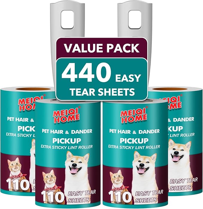 MEIQIHOME Lint Rollers for Pet Hair Extra Sticky, 440 Sheets Value Set Lint Roller with 2 Upgraded Handles, 4 Rollers Portable Pet Lint Remover for Clothes, Furniture, Carpet, Dog & Cat Hair Removal