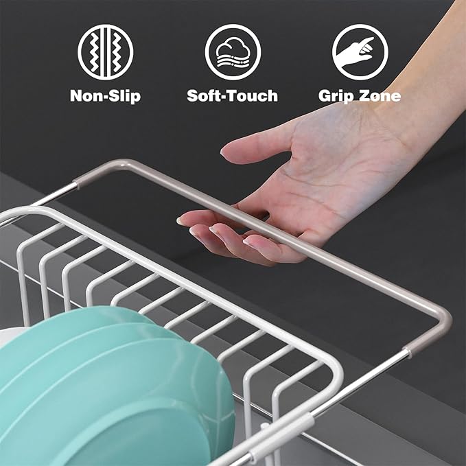 jouzevic Dish Drying Rack in Sink: Expandable, 3-Slot Utensil Holder, Anti-Slip Handle. Small Dish Rack: Ideal for Small Households. Kitchen Drying Rack: White